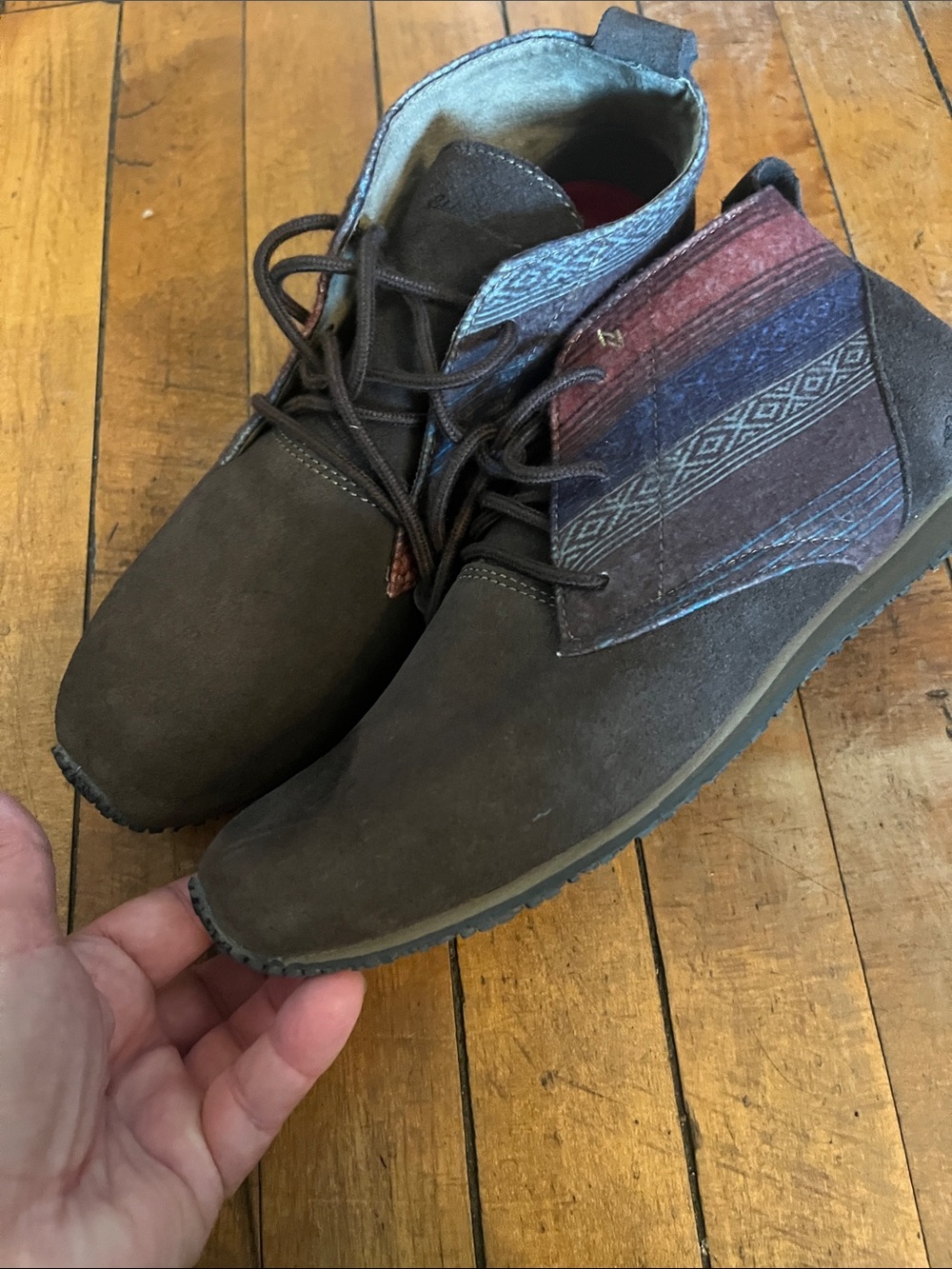 Eddie Bauer Brown Suede Chukka Boots with Patterned Fabric Collar